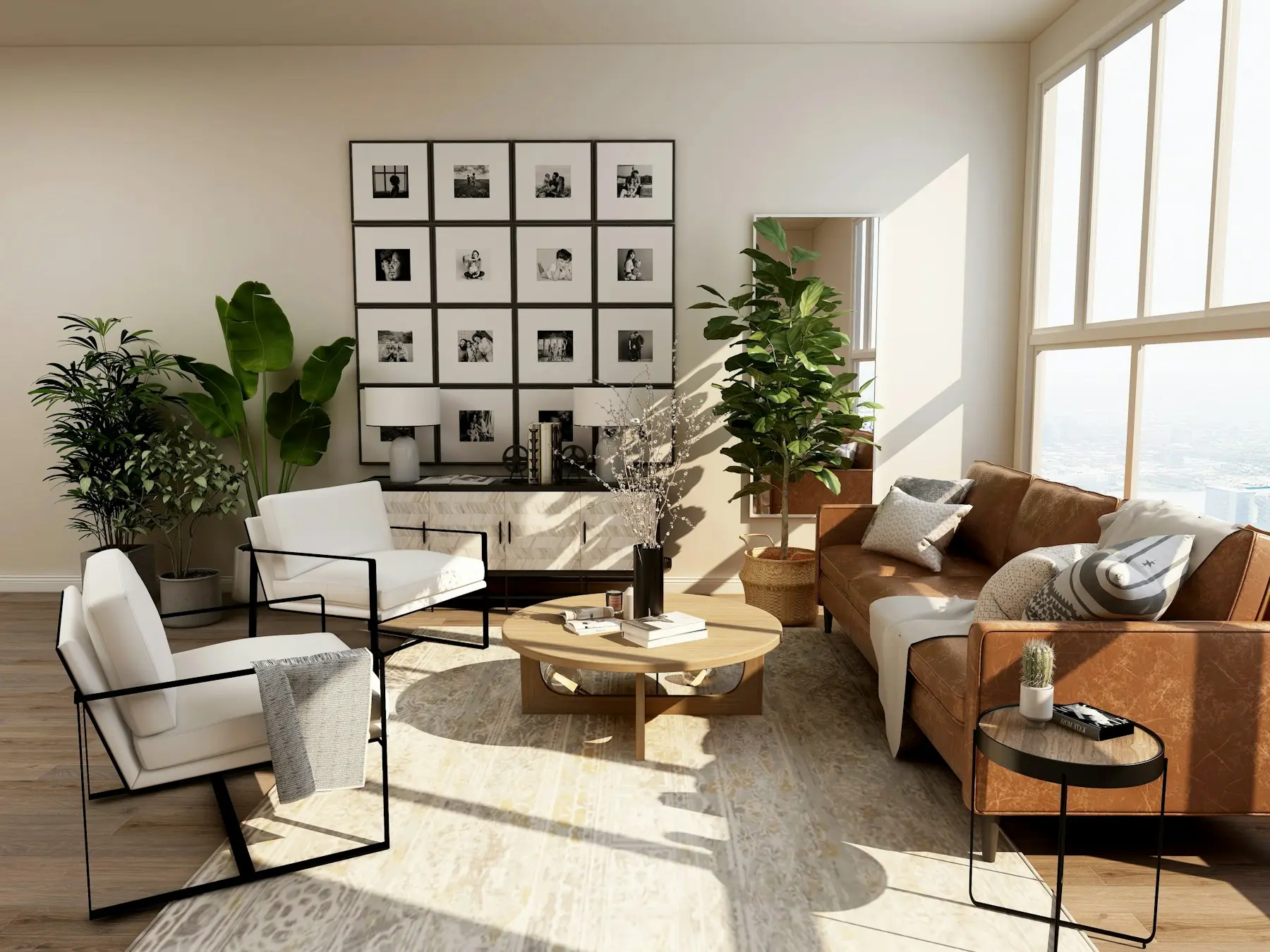 A sunlit living room with natural wood furniture and houseplants